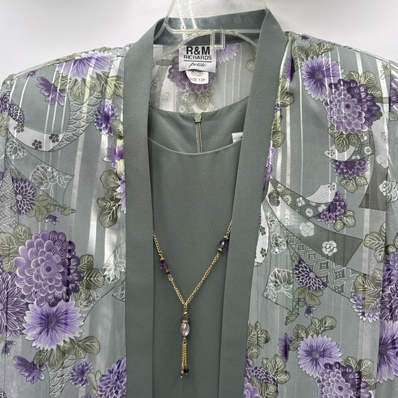 Vintage R&M Richards Dress set Purple&green 2 Piece Set With Necklace Sz 12P NWT - Picture 2 of 10
